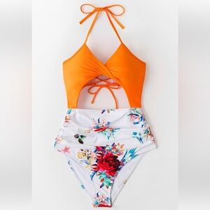 Cupshe Orange Floral Lace Up Halter One Piece tummy control size S